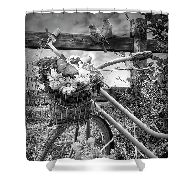 Barns Shower Curtain featuring the photograph Summer Breeze on a Bicycle Black and White by Debra and Dave Vanderlaan