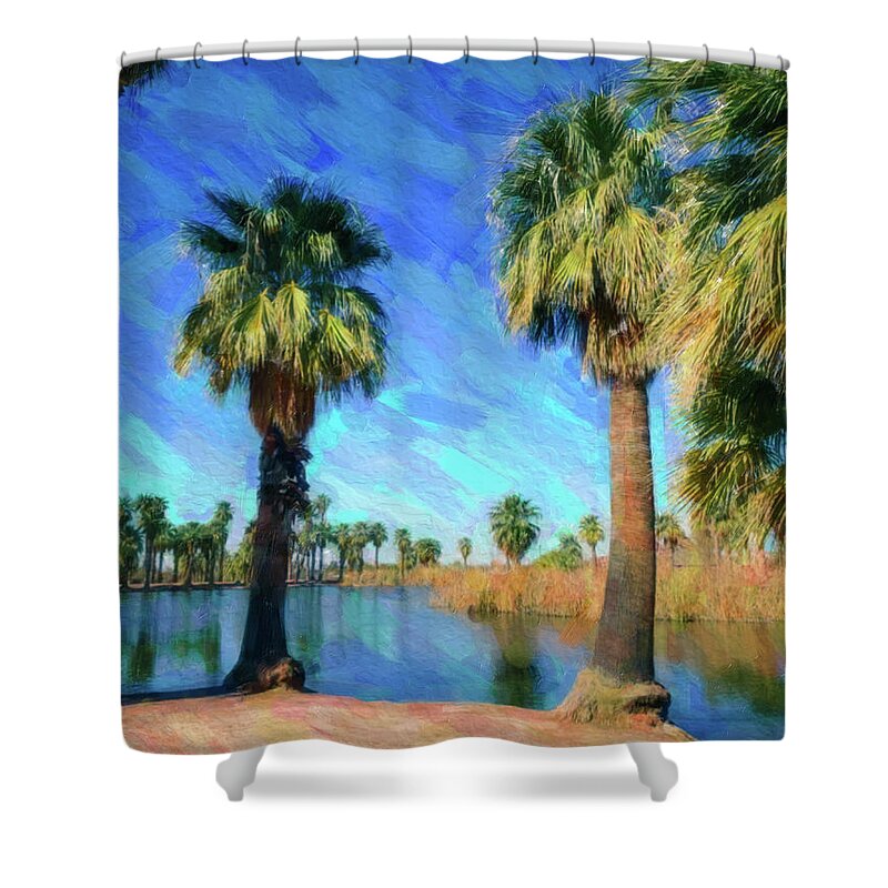 Papago Shower Curtain featuring the painting Summer palms by Darrell Foster