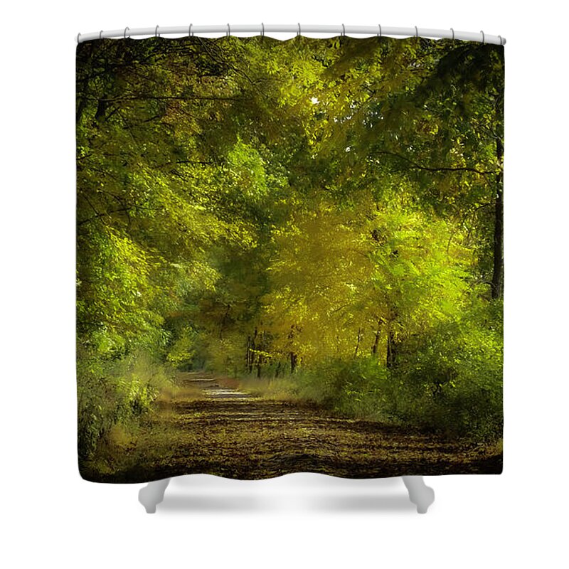 Landscape Shower Curtain featuring the digital art October Refuge by Joyce Wasser