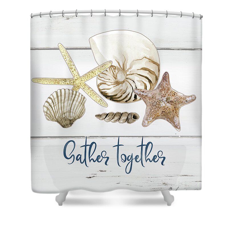 Summer Seas Shower Curtain featuring the painting Summer Seas 4 Gather Together Seashells on White Wood by Audrey Jeanne Roberts