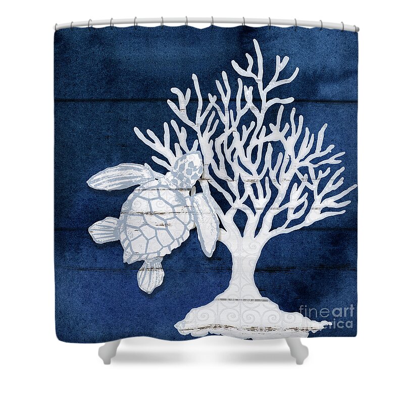 Summer Seas Shower Curtain featuring the painting Summer Seas 8 Sea Turtle and Fan Coral Navy and White by Audrey Jeanne Roberts