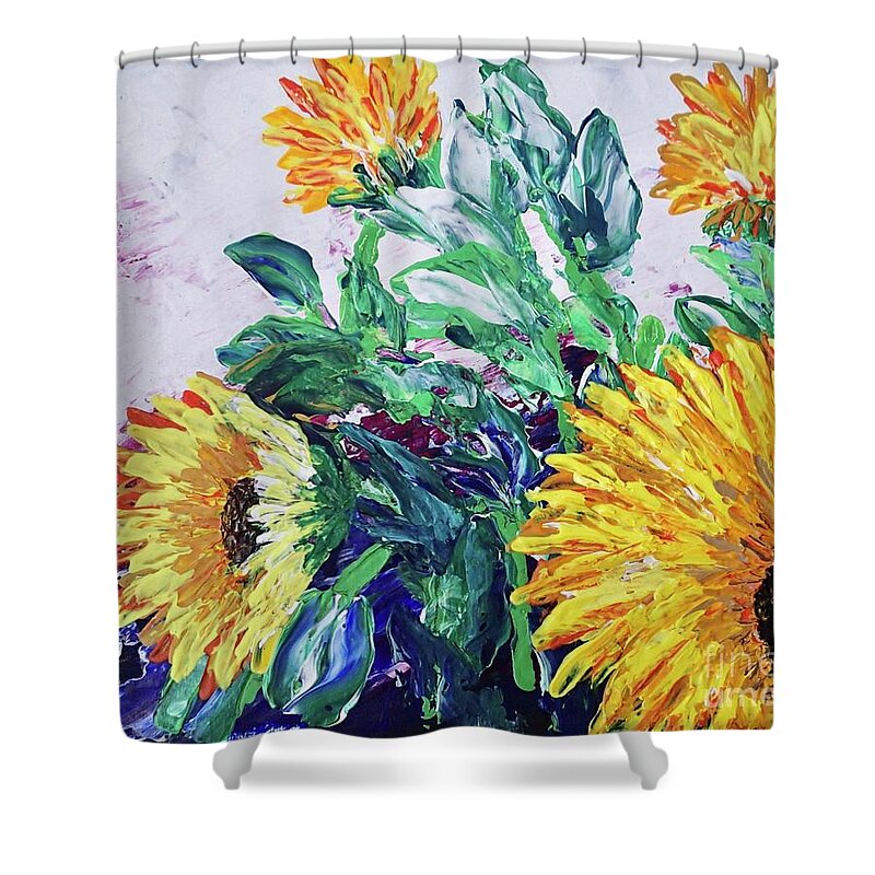 Sunflowers Shower Curtain featuring the painting Summer Sunflowers by Cheryl Cutler