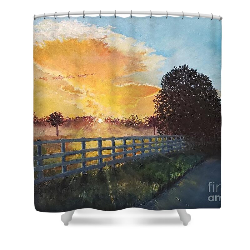 Fence Shower Curtain featuring the painting Summer Sunrise by Merana Cadorette