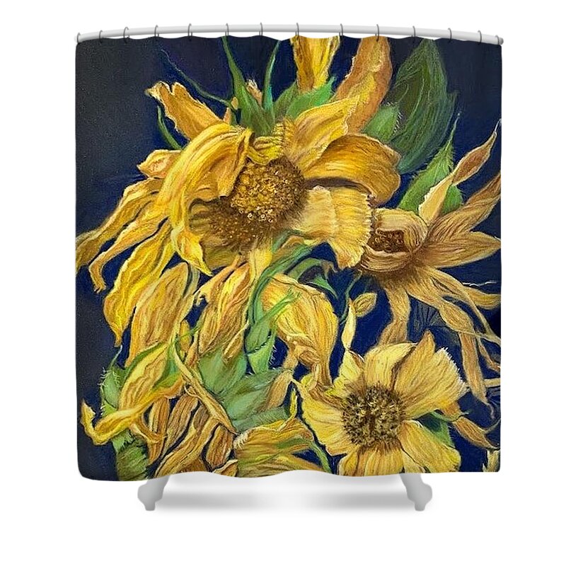 Dried Sunflowers Shower Curtain featuring the pastel Summers End by Juliette Becker