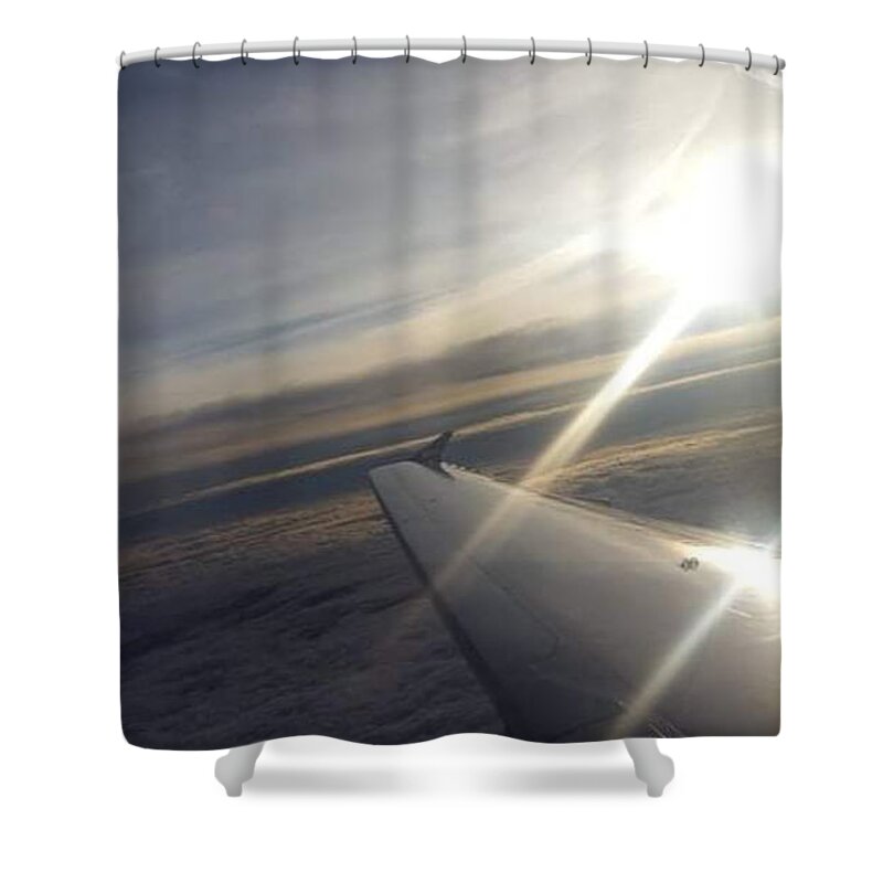 All Shower Curtain featuring the digital art Sun Rays on a Plane Wing KN45 by Art Inspirity