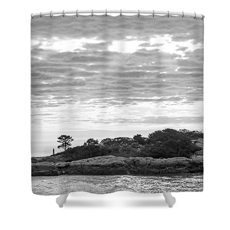 Rockport Shower Curtain featuring the photograph Sunbeams coming down on Thacher Lighthouse and Long Beach Rockport Massachusetts Black and White by Toby McGuire