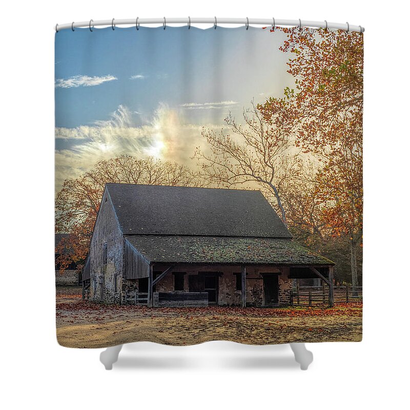 Barn Shower Curtain featuring the photograph Sundog Rainbow Over The Horse Barn by Kristia Adams