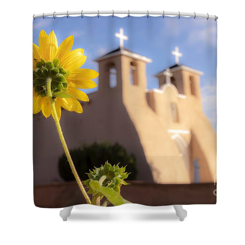Taos Shower Curtain featuring the photograph Sunflower and the St Francis de Asis Church by Elijah Rael