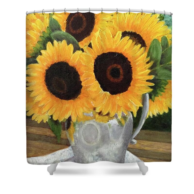 Sunflowers Shower Curtain featuring the painting Sunflower Bouquet by Lynda Evans