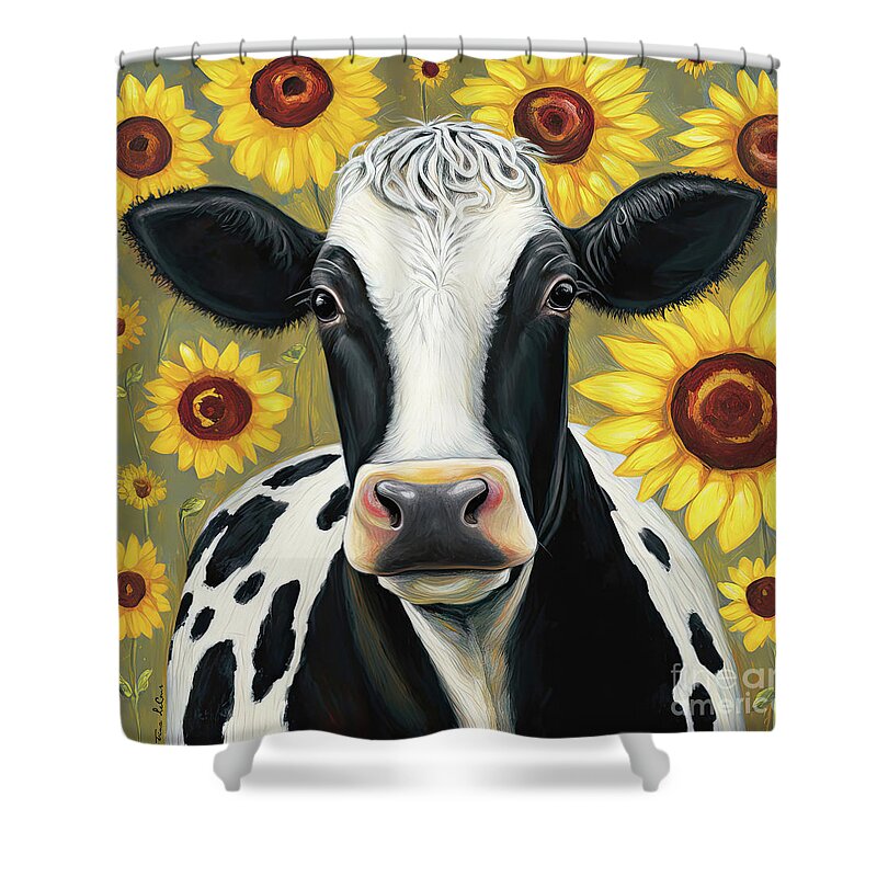 Cow Shower Curtain featuring the painting Sunflower Country Cow by Tina LeCour