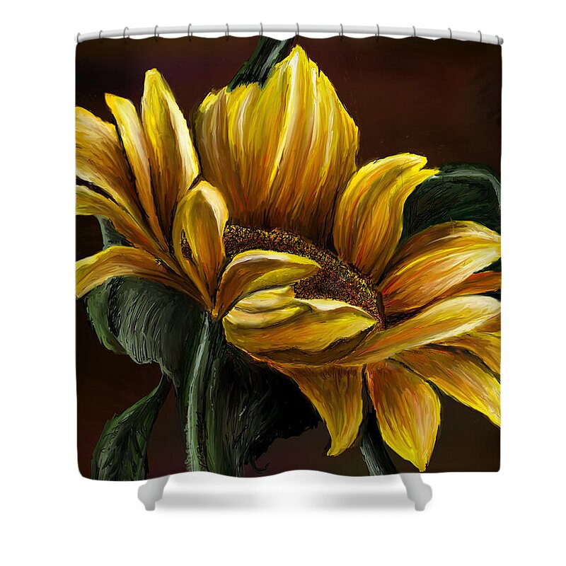 Summer Shower Curtain featuring the digital art Sunflower Glow by Darren Cannell