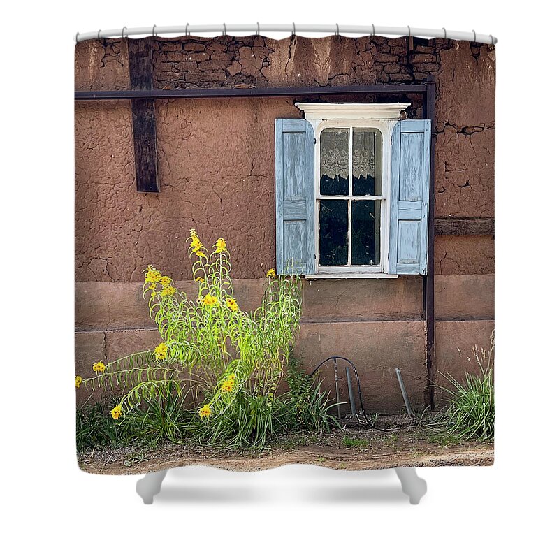 New Mexico Shower Curtain featuring the photograph Sunflowers and Blue Shuttered Adobe in La Cueva New Mexico by Mary Lee Dereske