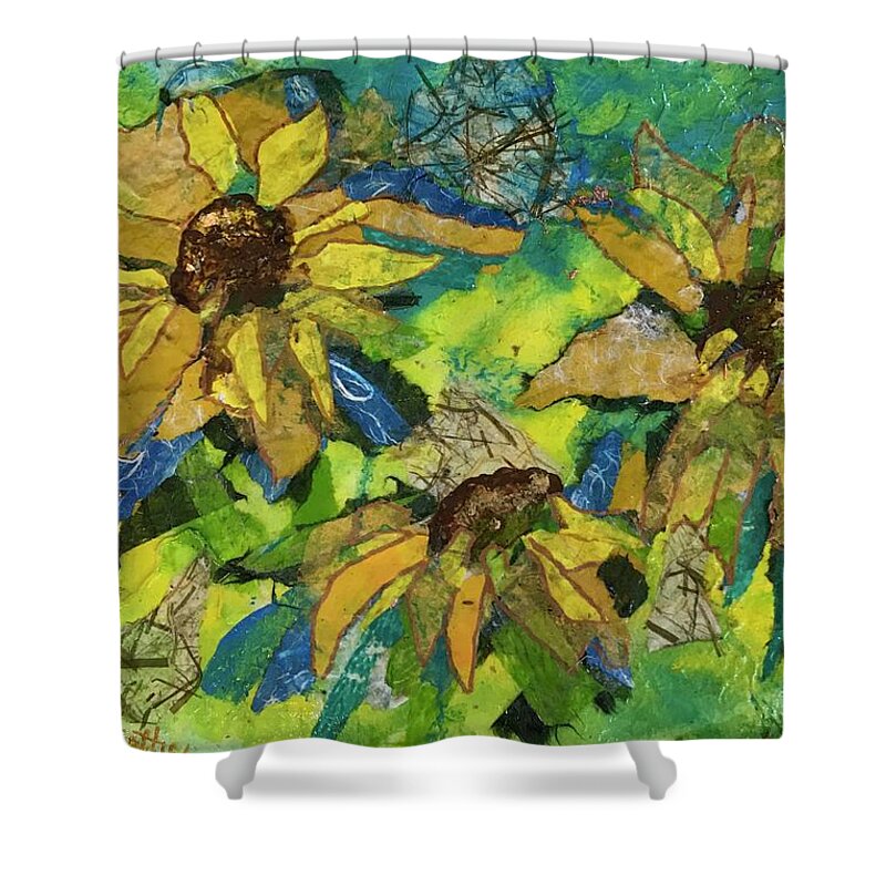 Sunflowers Shower Curtain featuring the painting Sunflowers by the Sea by Elaine Elliott