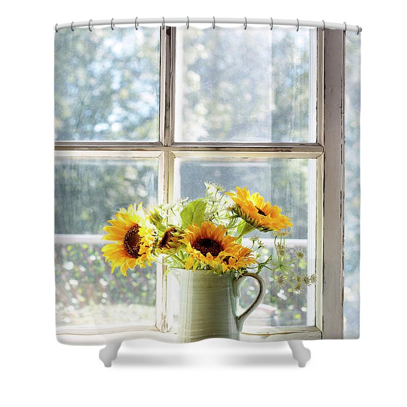 Arrangement Shower Curtain featuring the photograph Sunflowers in jug on a sunny window sill by Sandra Cunningham