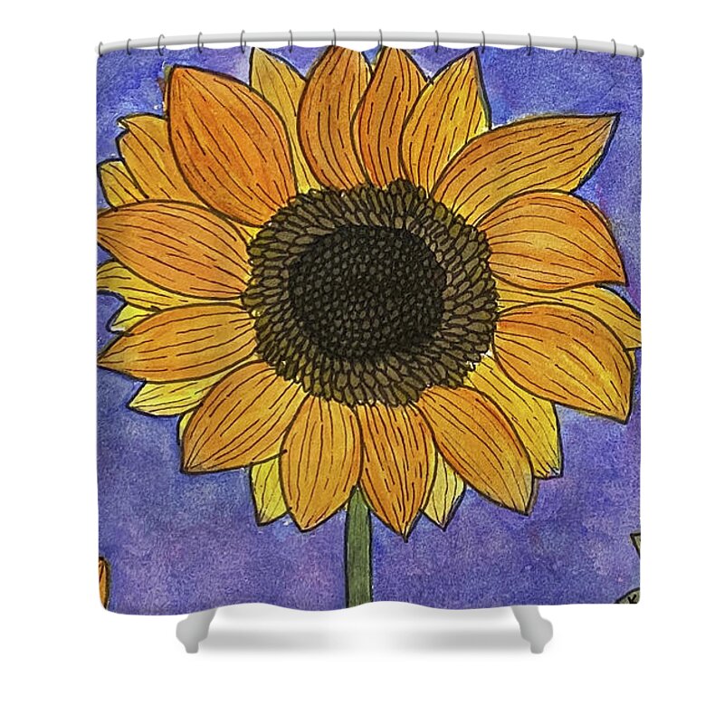 Sunflowers Shower Curtain featuring the mixed media Sunflowers on Blue by Lisa Neuman