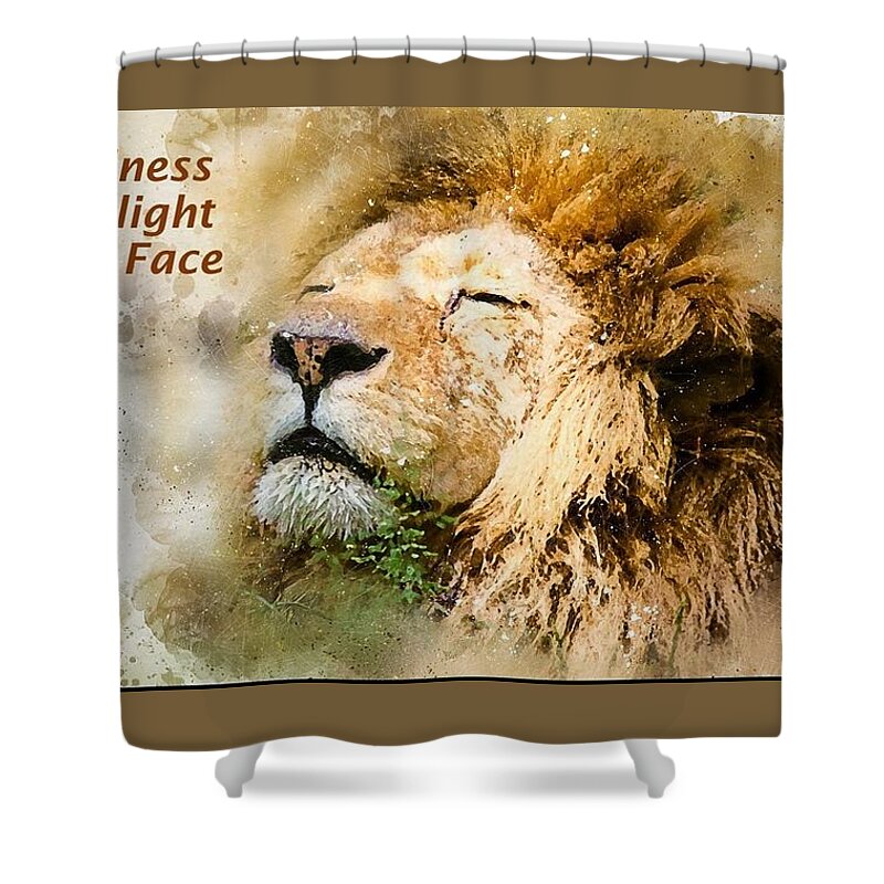 Lion Shower Curtain featuring the mixed media Sunlight on My Face by Nancy Ayanna Wyatt