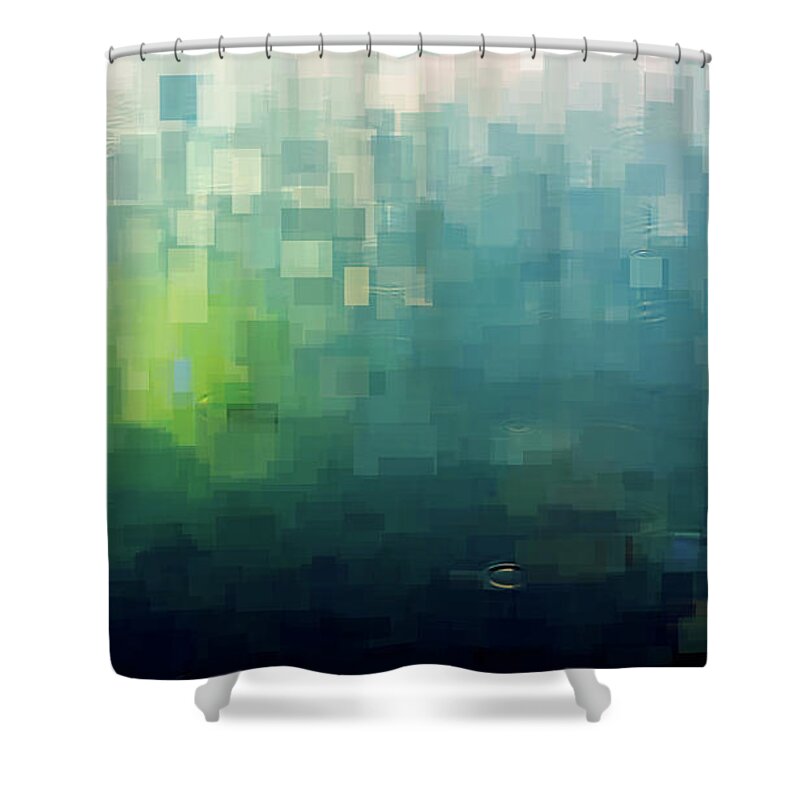 Abstract Shower Curtain featuring the mixed media Sunlight on Water with Raindrops Abstract by Shelli Fitzpatrick