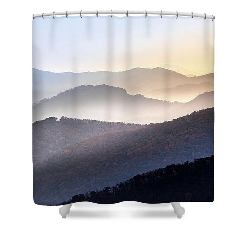 Maggie Valley Shower Curtain featuring the photograph Sunlight Peaking Over The Mountains by Jordan Hill