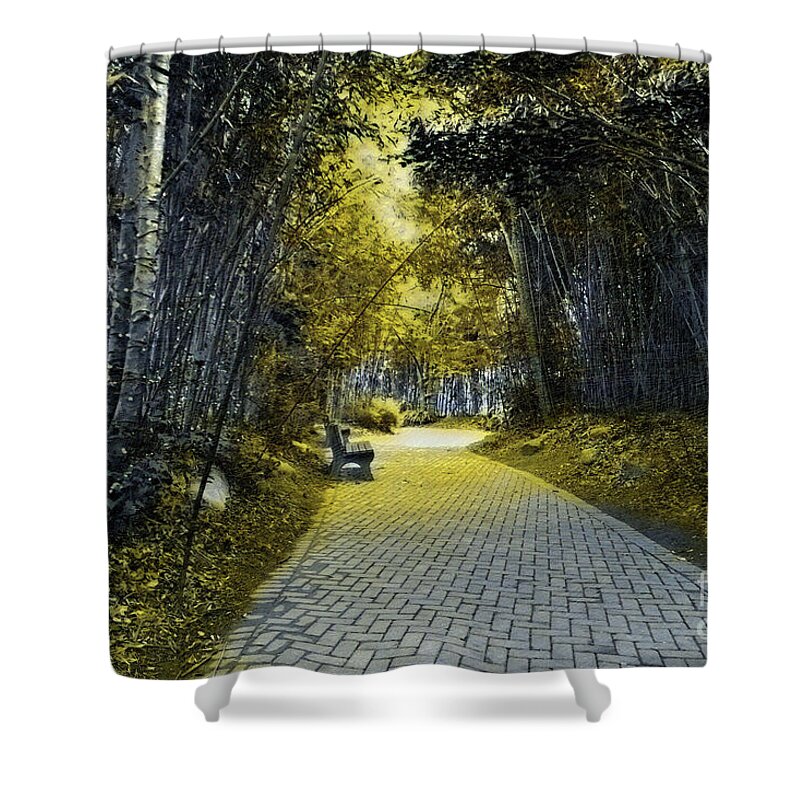 Bench Shower Curtain featuring the mixed media Sunlit Path through the Bamboo by Bentley Davis