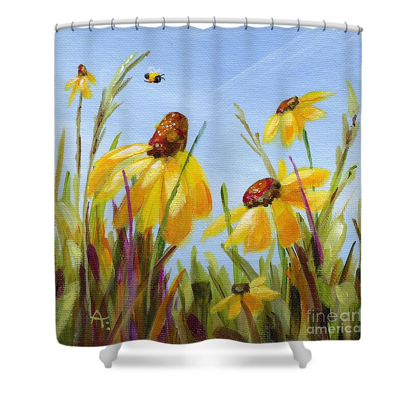 Black Eyed Susans Shower Curtain featuring the painting Sunny Susans - flower painting by Annie Troe