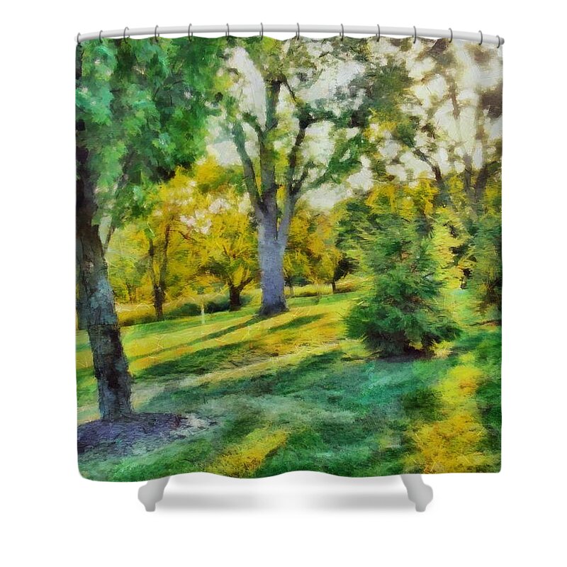 Sunny Shower Curtain featuring the mixed media Sunny Yard by Christopher Reed