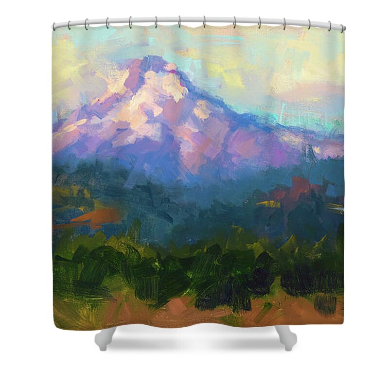 Mt Hood Shower Curtain featuring the painting Sunrise Advancing - Mt. Hood Sunrise by Talya Johnson