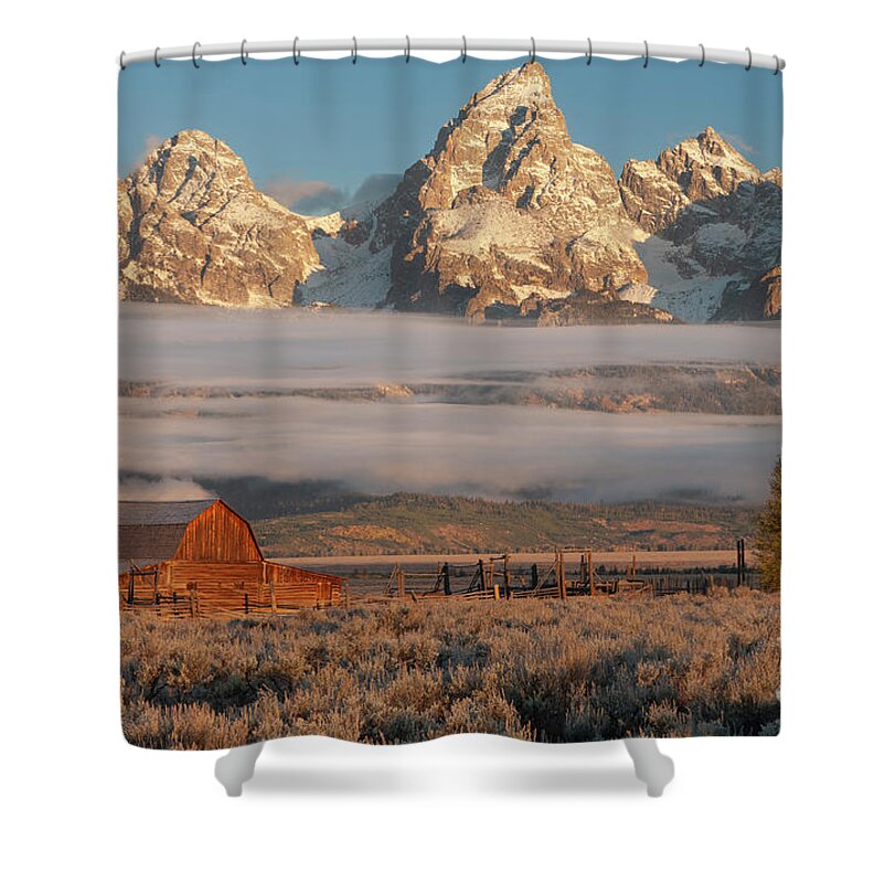 Grand Teton Shower Curtain featuring the photograph Sunrise and Fog - Grand Tetons by Sandra Bronstein