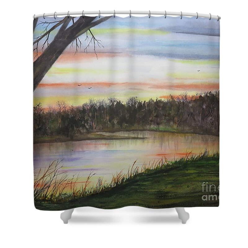 Sunrise Shower Curtain featuring the painting Sunrise at the Pond by Joseph Burger