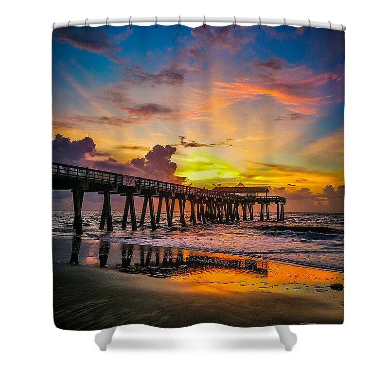 Ocean Shower Curtain featuring the photograph Sunrise at Tybee Island Beach Pier by Danny Mongosa