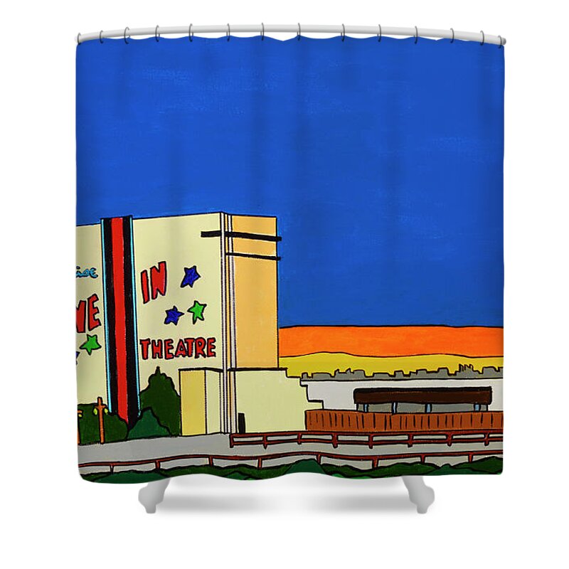 Sunrise Drive-in Valley Stream Movies Shower Curtain featuring the painting Sunrise Drive In by Mike Stanko