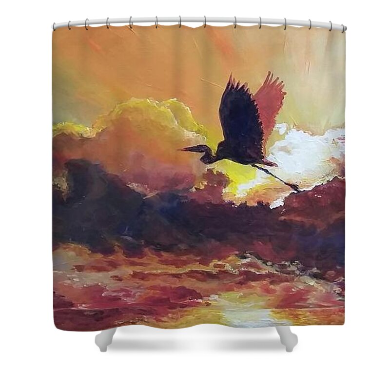 Sunrise Shower Curtain featuring the painting Sunrise Flight by Merana Cadorette