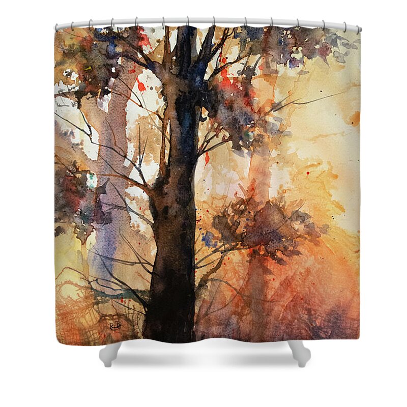 Sun Shower Curtain featuring the painting Sunrise Forest by Rebecca Davis
