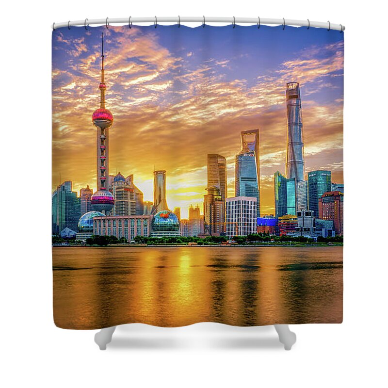 Architecture Shower Curtain featuring the digital art Sunrise in Shanghai by Kevin McClish