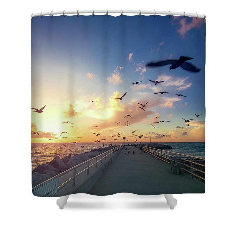 Captain Kimo Shower Curtain featuring the photograph Sunrise Jupiter Inlet Pigeons Over the Jetty by Kim Seng
