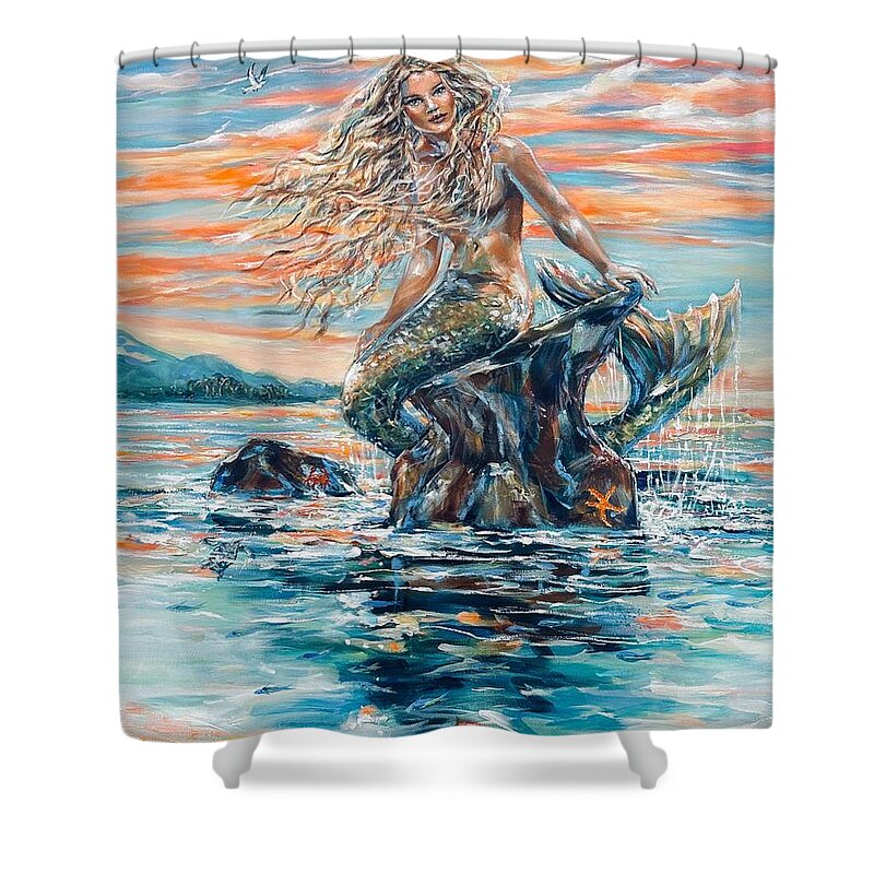 Mermaid Shower Curtain featuring the painting Sunrise Mermaid by Linda Olsen