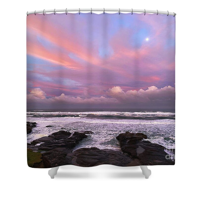 Oregon Coast Shower Curtain featuring the photograph Sunrise, Moonset by Jeanette French
