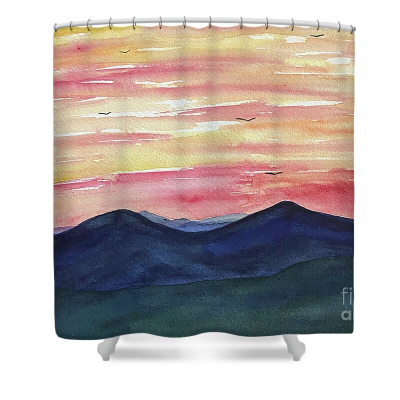 Sunrise Shower Curtain featuring the painting Sunrise Mountains by Lisa Neuman