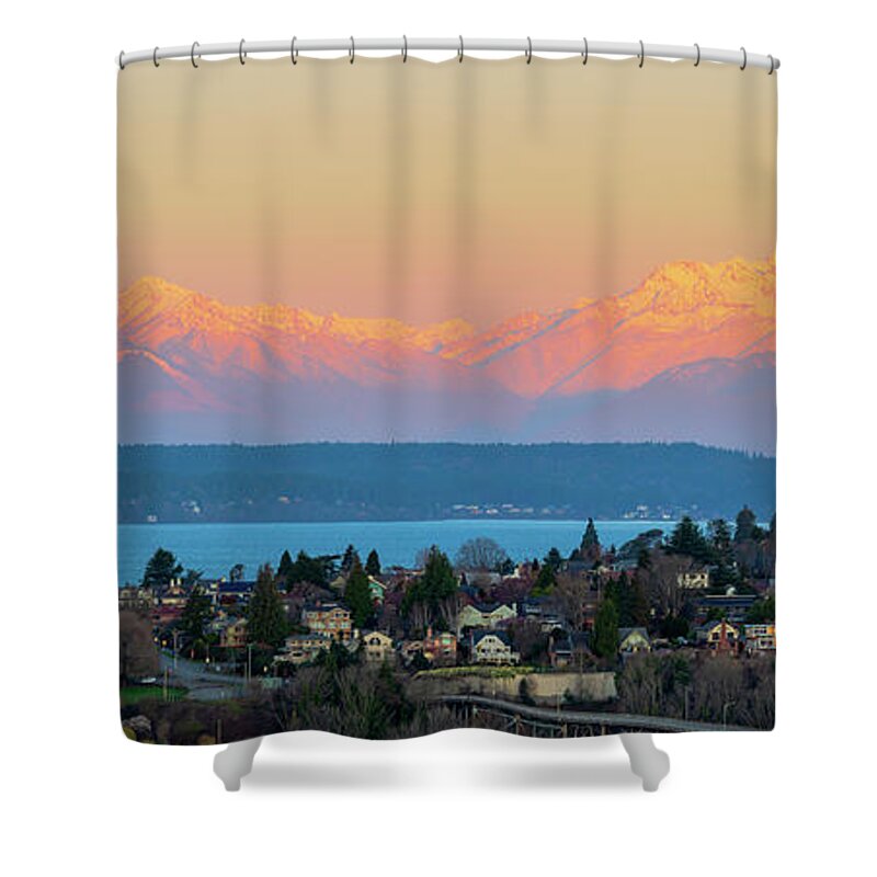 Sunrise; Dawn; Outdoor; Park; Marshall Park Shower Curtain featuring the digital art First light of Olympic Mountains from Betty Bowen viewpoint by Michael Lee