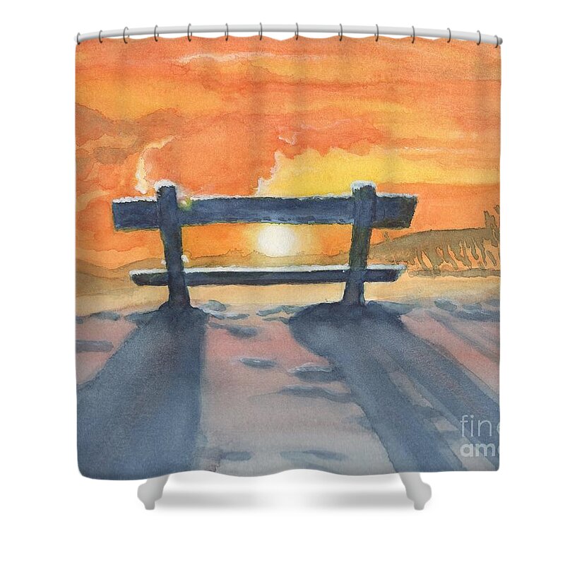 Sunrise Shower Curtain featuring the painting Sunrise on Snowy Bench by Vicki B Littell