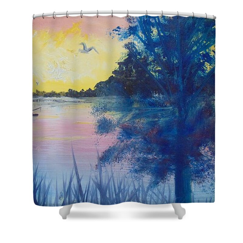 Fisherman Shower Curtain featuring the painting Sunrise on the Lake by Saundra Johnson