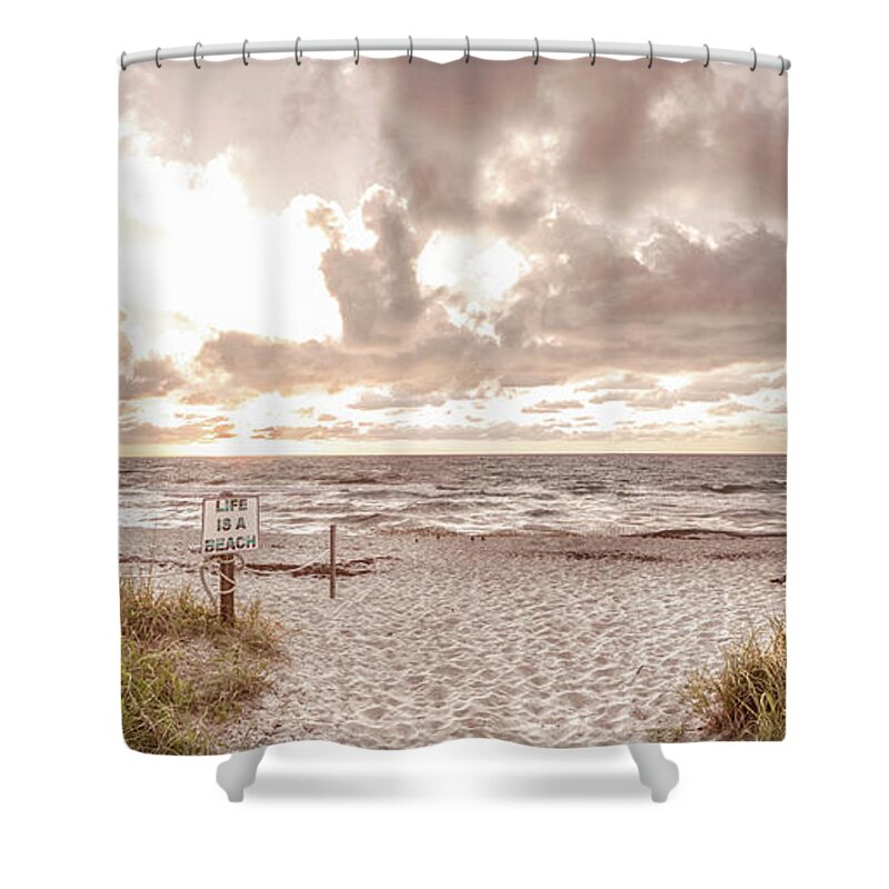 Clouds Shower Curtain featuring the photograph Sunrise over the Cottage Sand Dunes Panorama by Debra and Dave Vanderlaan