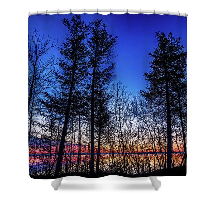 Trees Shower Curtain featuring the photograph Sunrise through the trees by Joe Holley