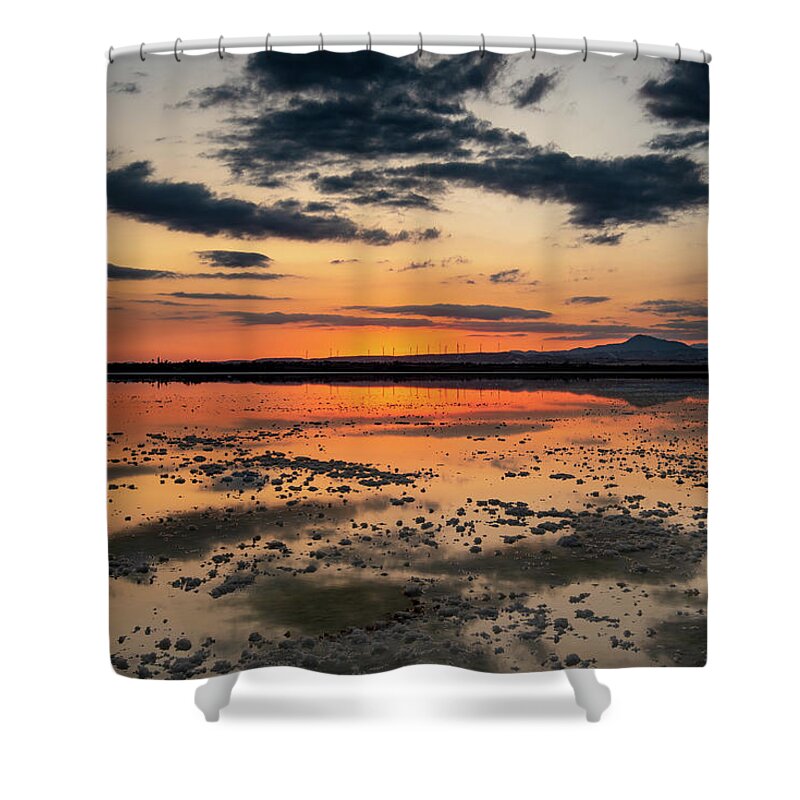 Sunset Shower Curtain featuring the photograph Sunset and reflections at the lake by Michalakis Ppalis