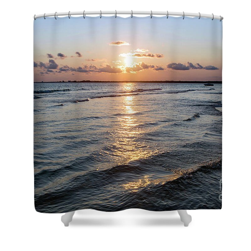 Sun Shower Curtain featuring the photograph Sunset and Waves, Pensacola Pass by Beachtown Views