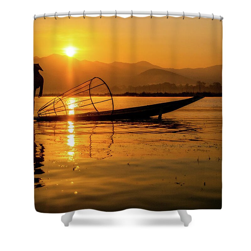 Inlelake Shower Curtain featuring the photograph Sunset at Inle Lake by Arj Munoz