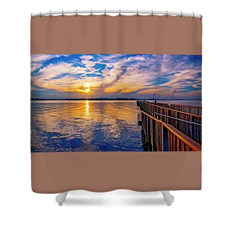 2d Shower Curtain featuring the photograph Sunset At The Pier Pano by Brian Wallace