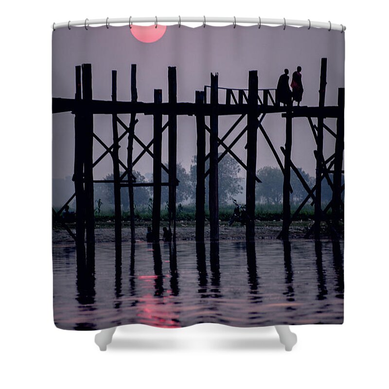 Mandalay Shower Curtain featuring the photograph Sunset at U-Bein Bridge by Arj Munoz