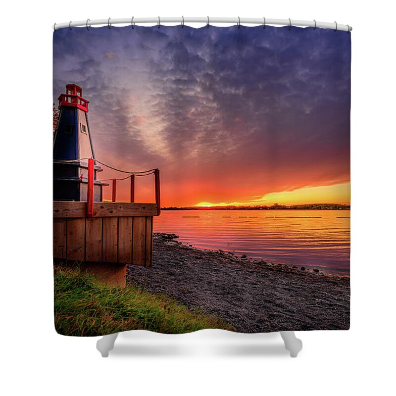 Autumn Shower Curtain featuring the photograph Sunset Beach Lighthouse by Dee Potter
