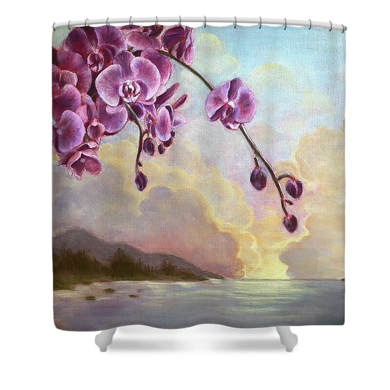 Orchids Shower Curtain featuring the painting Sunset Blooms by Vina Yang