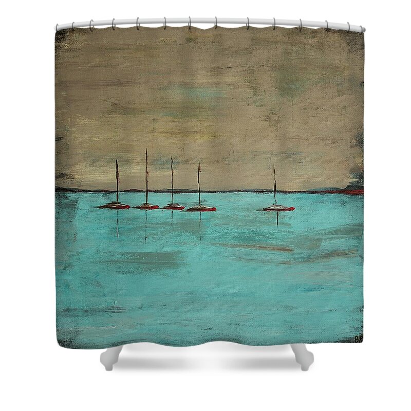 Seascape Shower Curtain featuring the painting Sunset Boats by Ben and Raisa Gertsberg